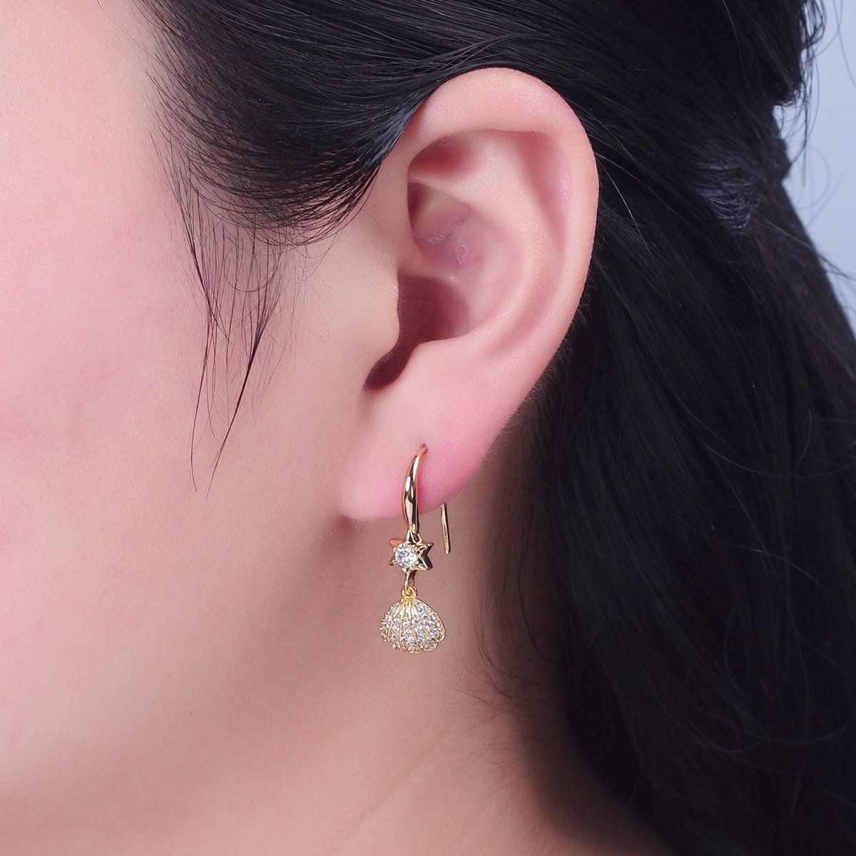24K Gold Filled Clear Micro Pave Seashell Clam Charm Dangle Star Cubic Zirconia French Hook Earrings P-404