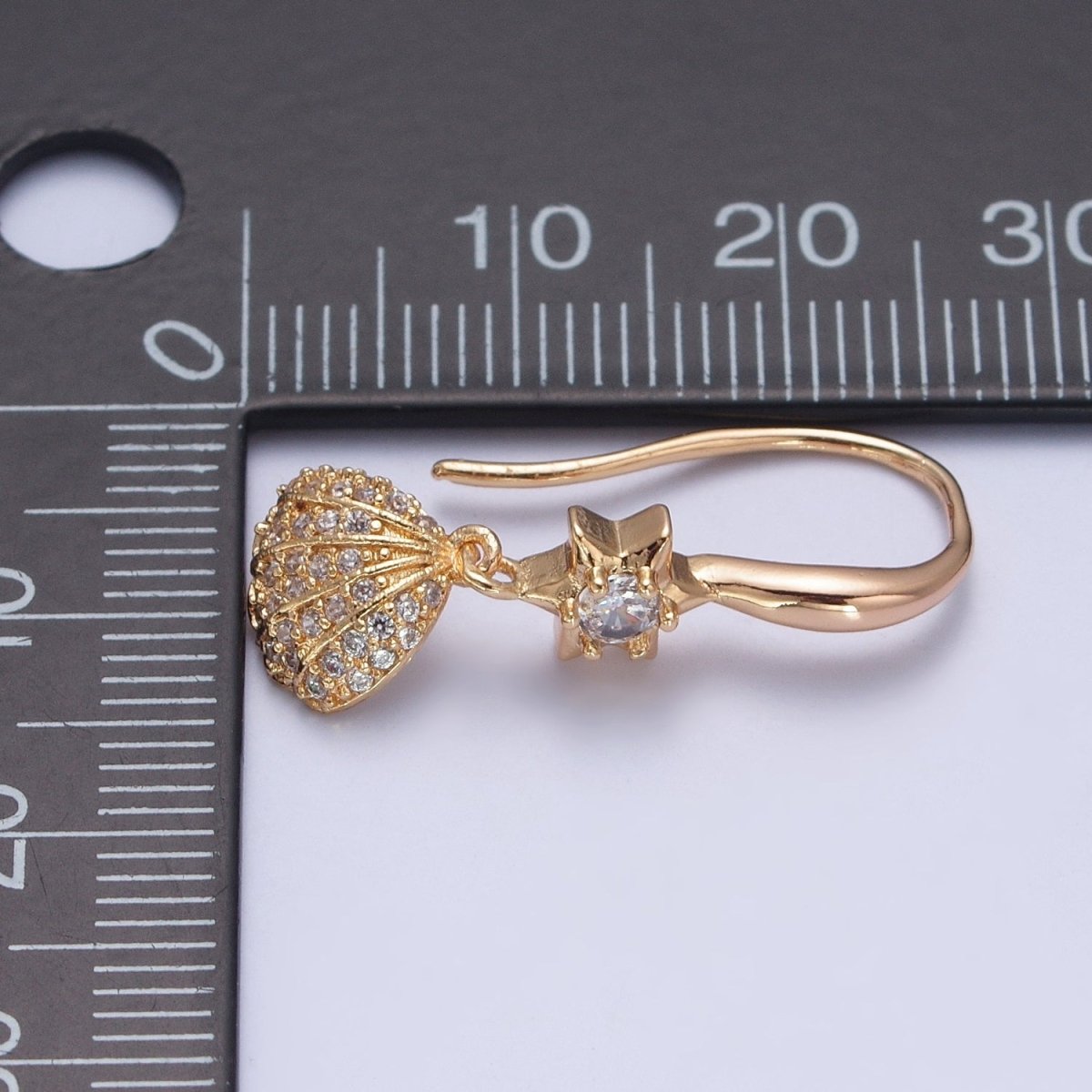24K Gold Filled Clear Micro Pave Seashell Clam Charm Dangle Star Cubic Zirconia French Hook Earrings P-404