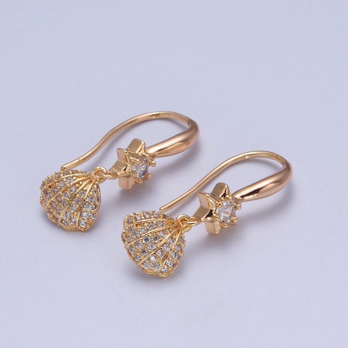 24K Gold Filled Clear Micro Pave Seashell Clam Charm Dangle Star Cubic Zirconia French Hook Earrings P-404