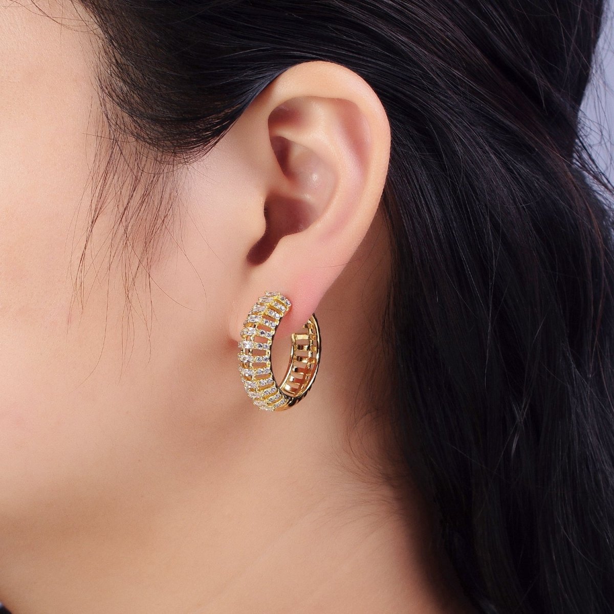 24K Gold Filled Clear Micro Paved Bar 25mm Hoop Earrings | AB337