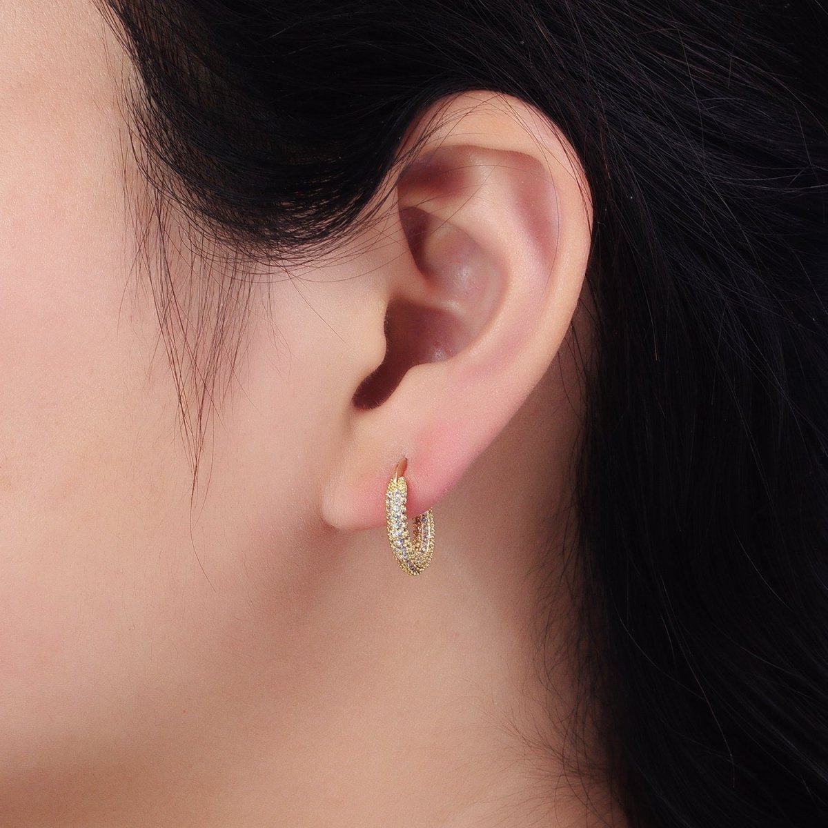 24K Gold Filled Clear Micro Paved CZ 15.5mm Hoop Latch Earrings | AB383