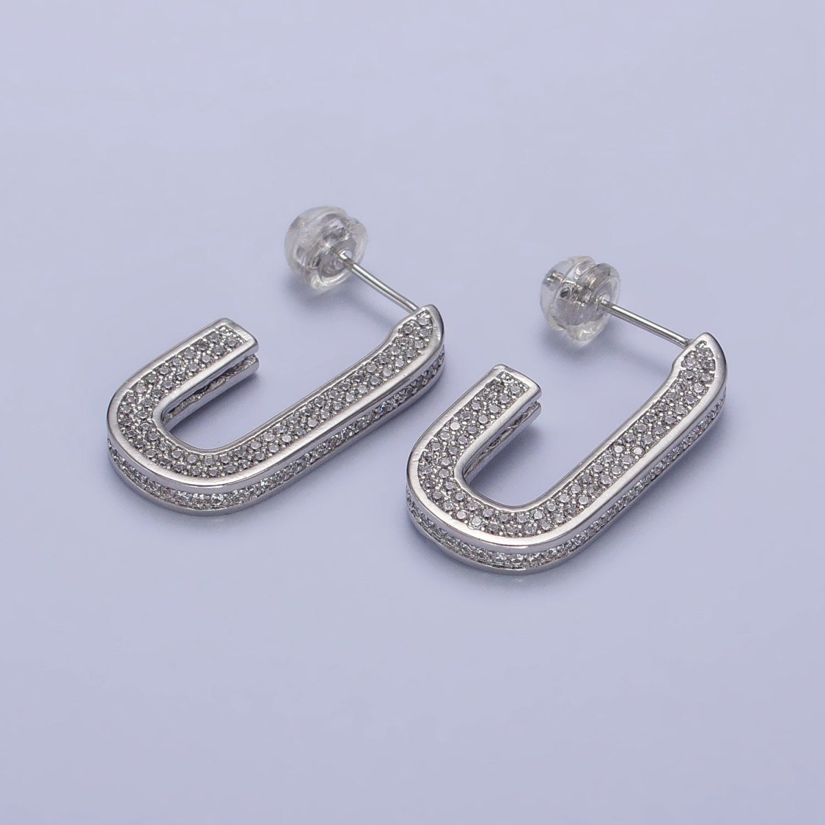 24K Gold Filled Clear Micro Paved CZ 24.5mm J-Shaped Hoop Earrings in Gold & Silver | AB532 AB533