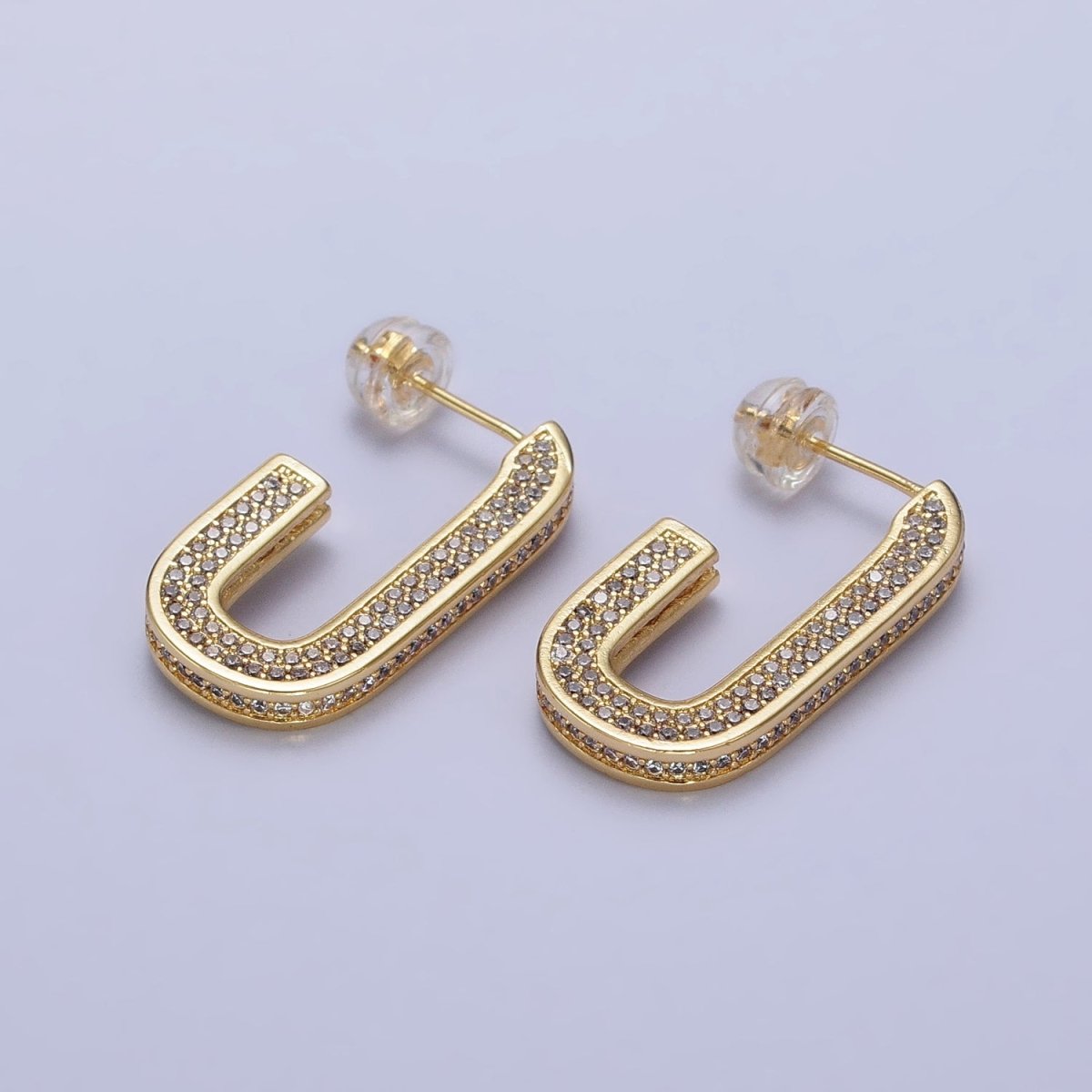 24K Gold Filled Clear Micro Paved CZ 24.5mm J-Shaped Hoop Earrings in Gold & Silver | AB532 AB533