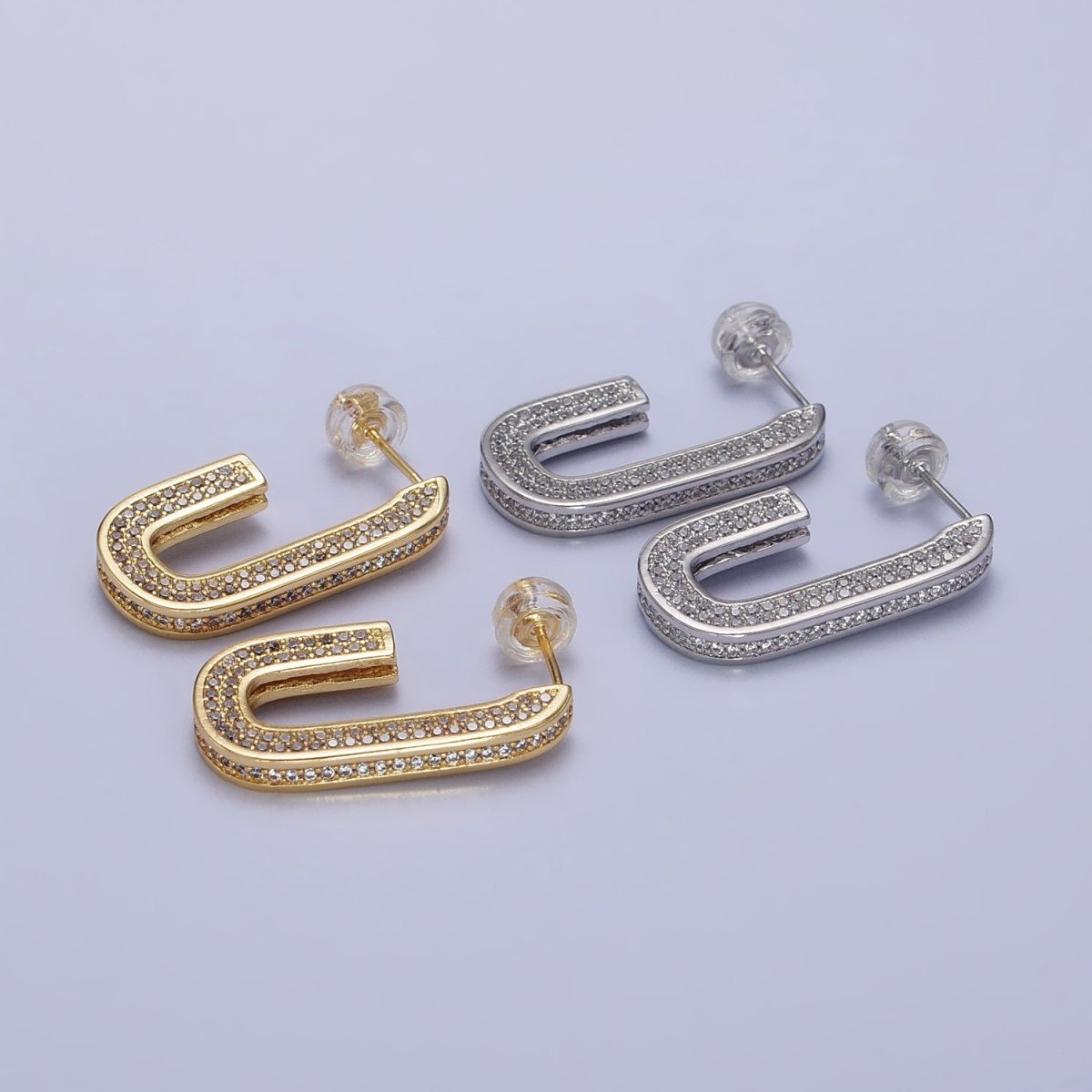 24K Gold Filled Clear Micro Paved CZ 24.5mm J-Shaped Hoop Earrings in Gold & Silver | AB532 AB533