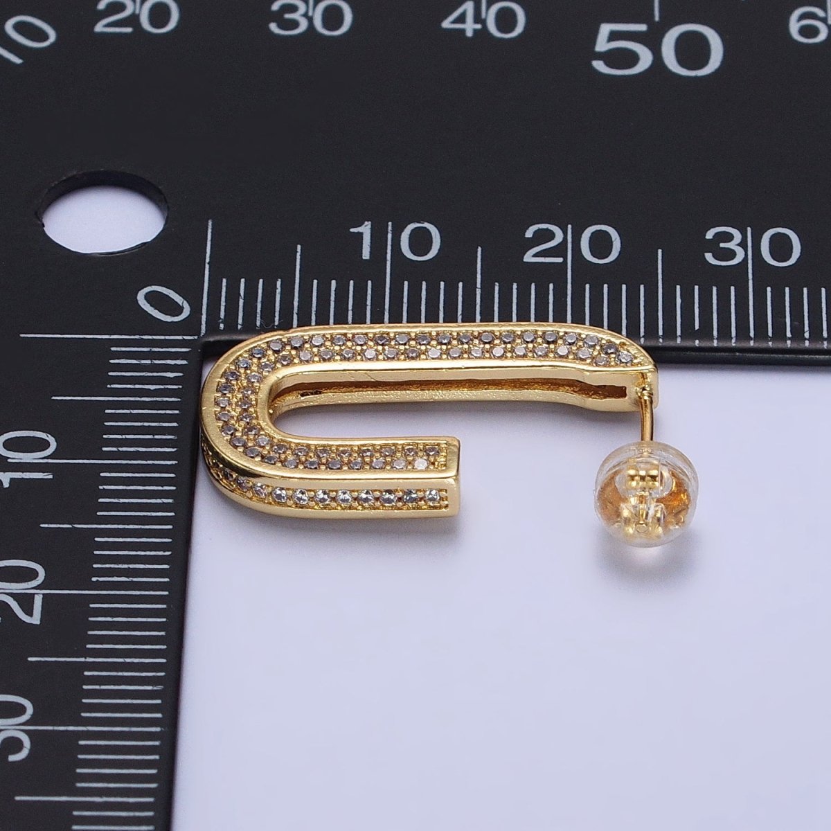 24K Gold Filled Clear Micro Paved CZ 24.5mm J-Shaped Hoop Earrings in Gold & Silver | AB532 AB533