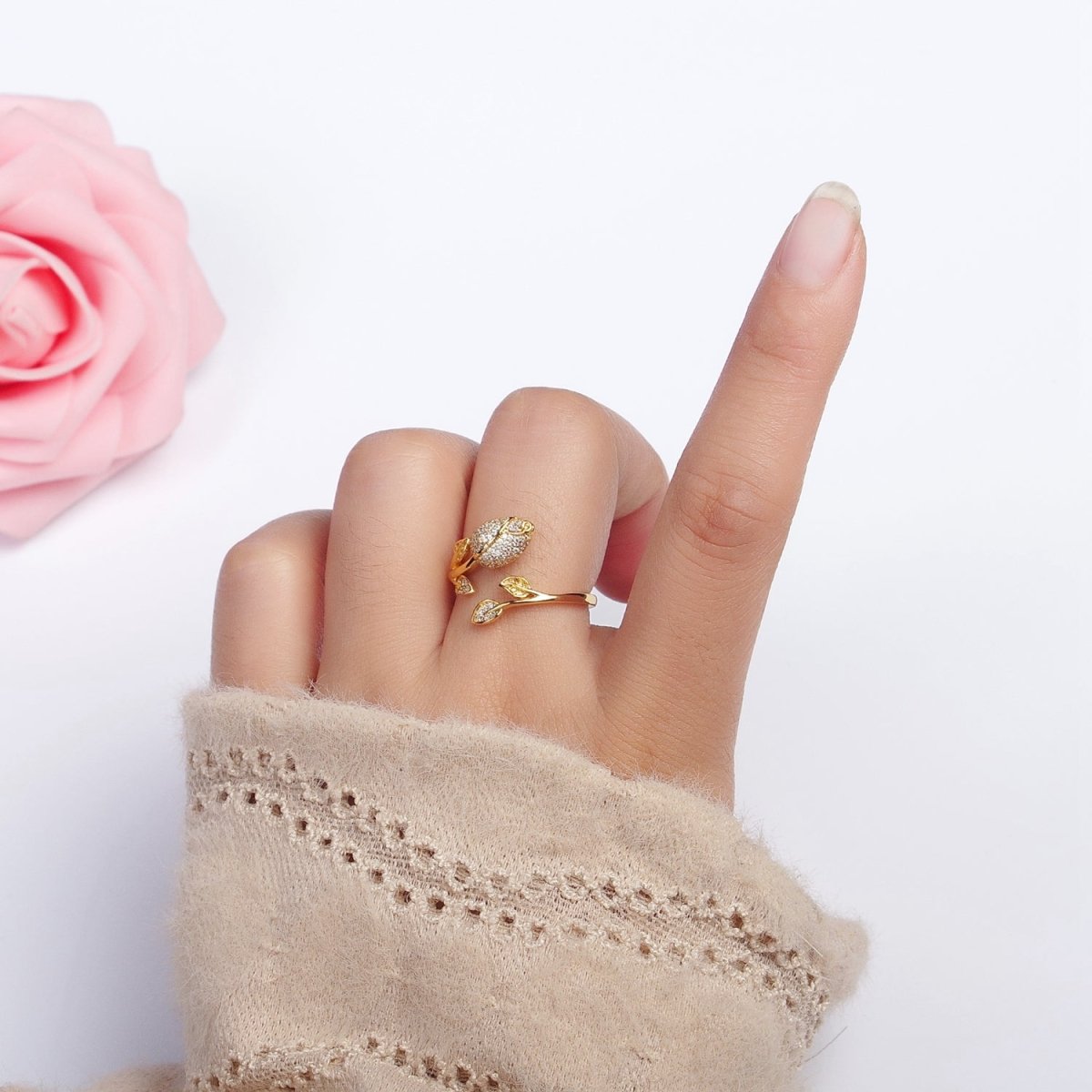 24K Gold Filled Clear Micro Paved CZ Rose Flower Adjustable Ring | O-262