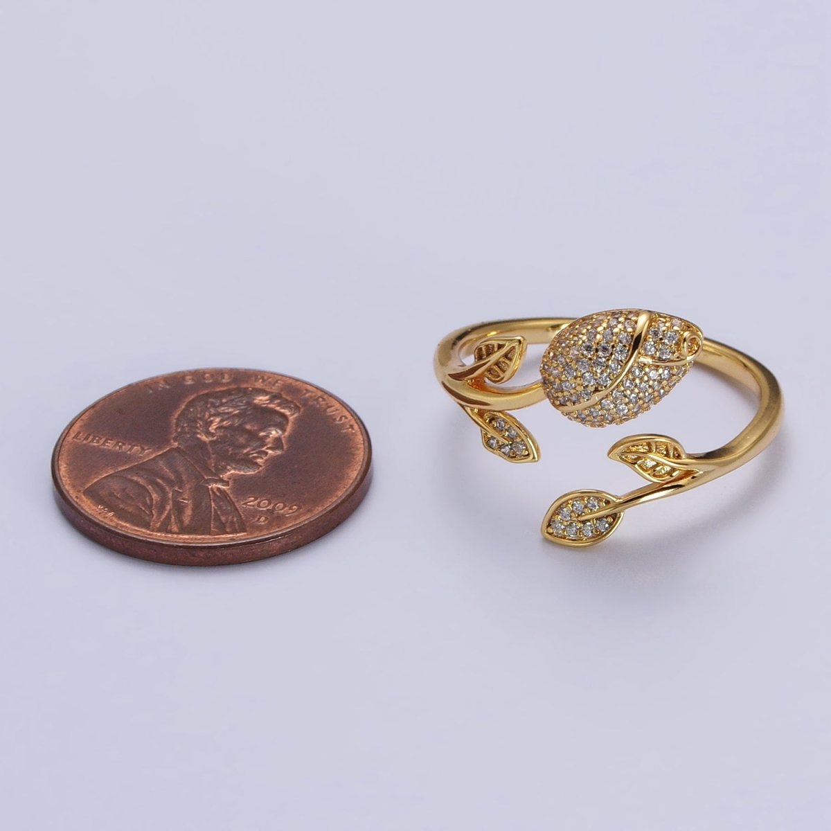 24K Gold Filled Clear Micro Paved CZ Rose Flower Adjustable Ring | O-262