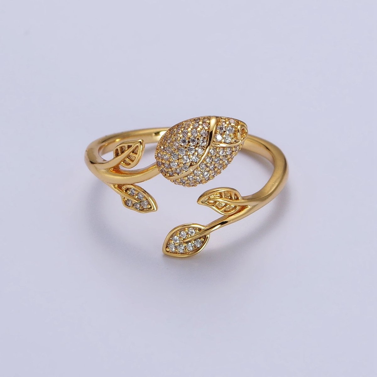 24K Gold Filled Clear Micro Paved CZ Rose Flower Adjustable Ring | O-262