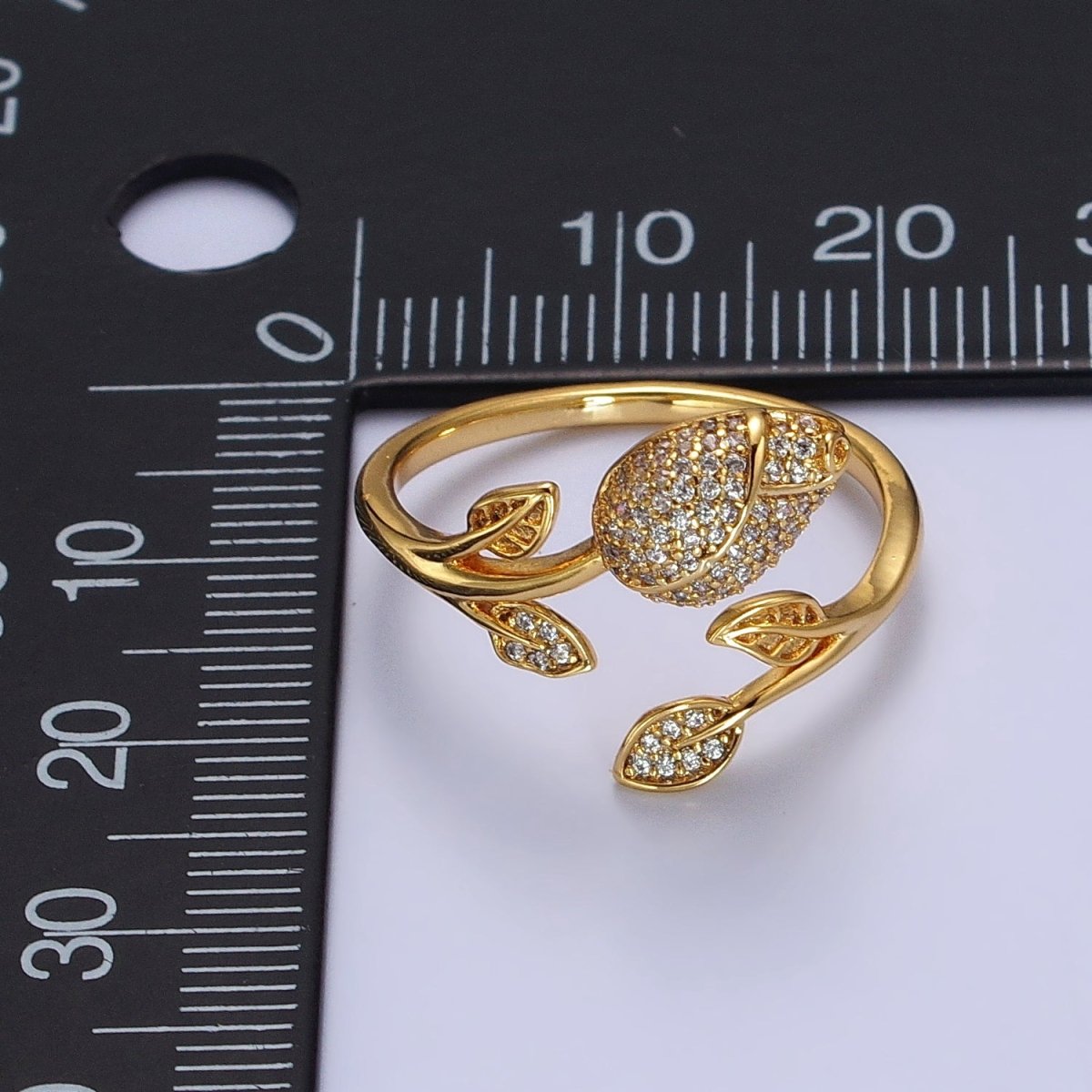 24K Gold Filled Clear Micro Paved CZ Rose Flower Adjustable Ring | O-262