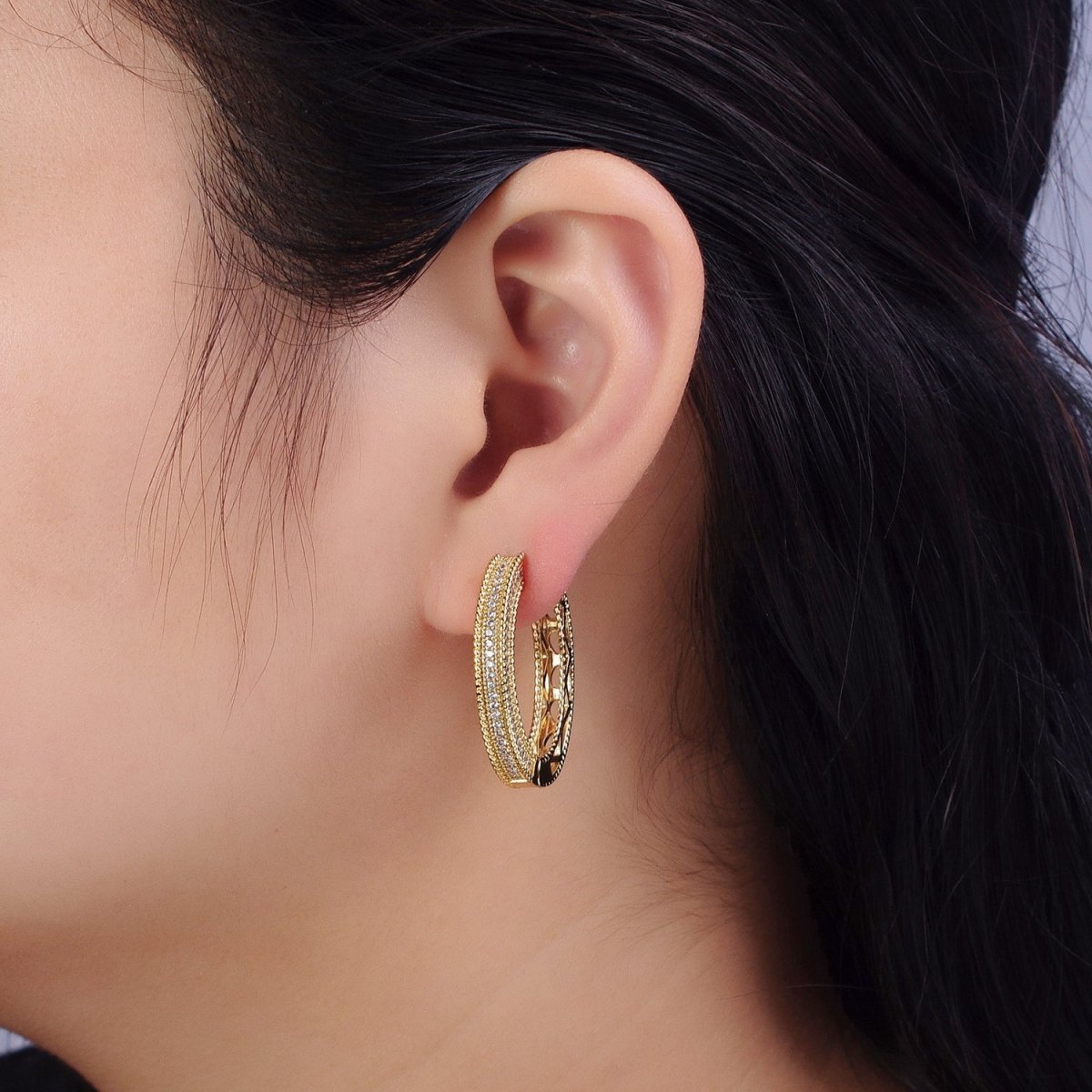 24K Gold Filled Clear Micro Paved CZ Wide Filigree Oval Hoop Earrings | AB272