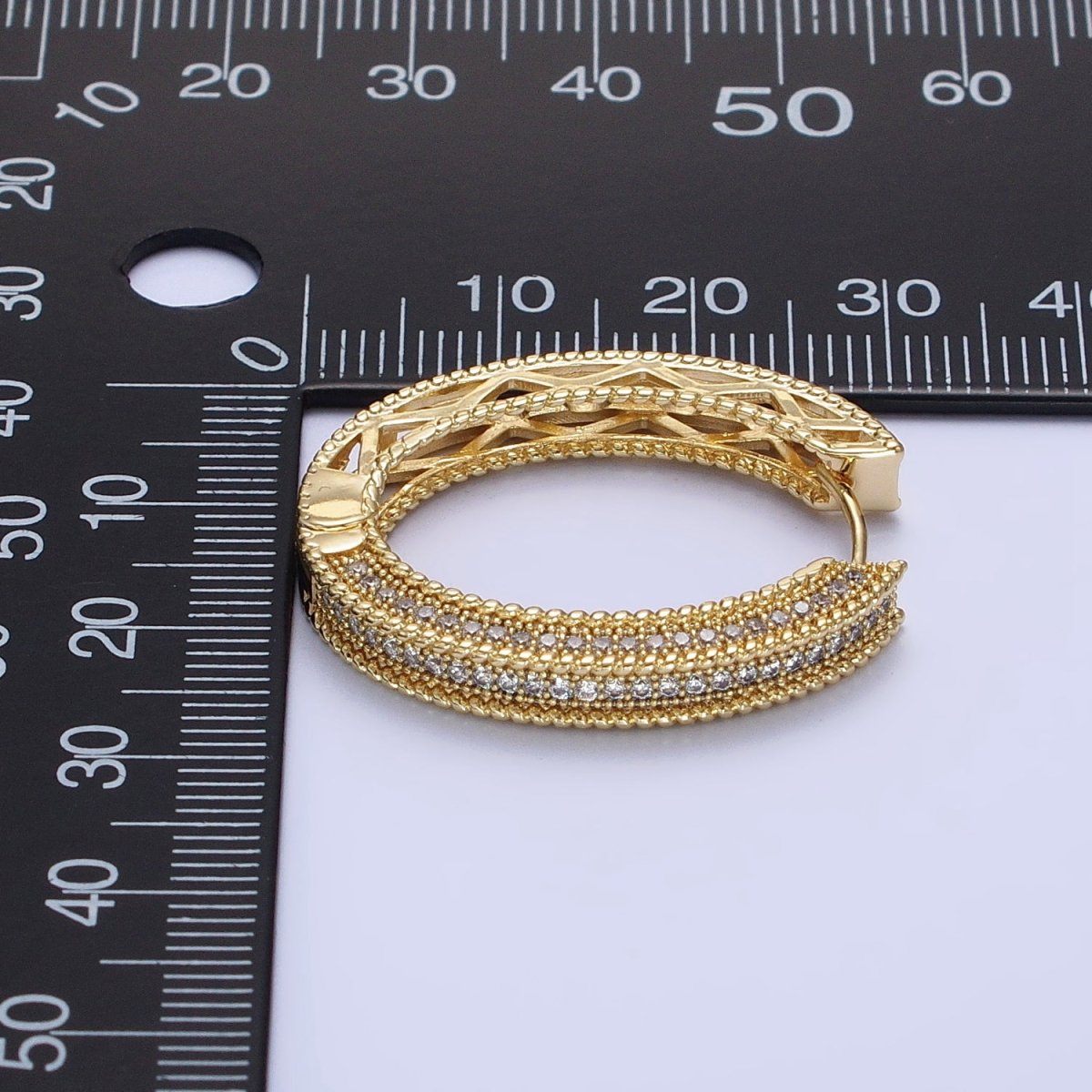 24K Gold Filled Clear Micro Paved CZ Wide Filigree Oval Hoop Earrings | AB272