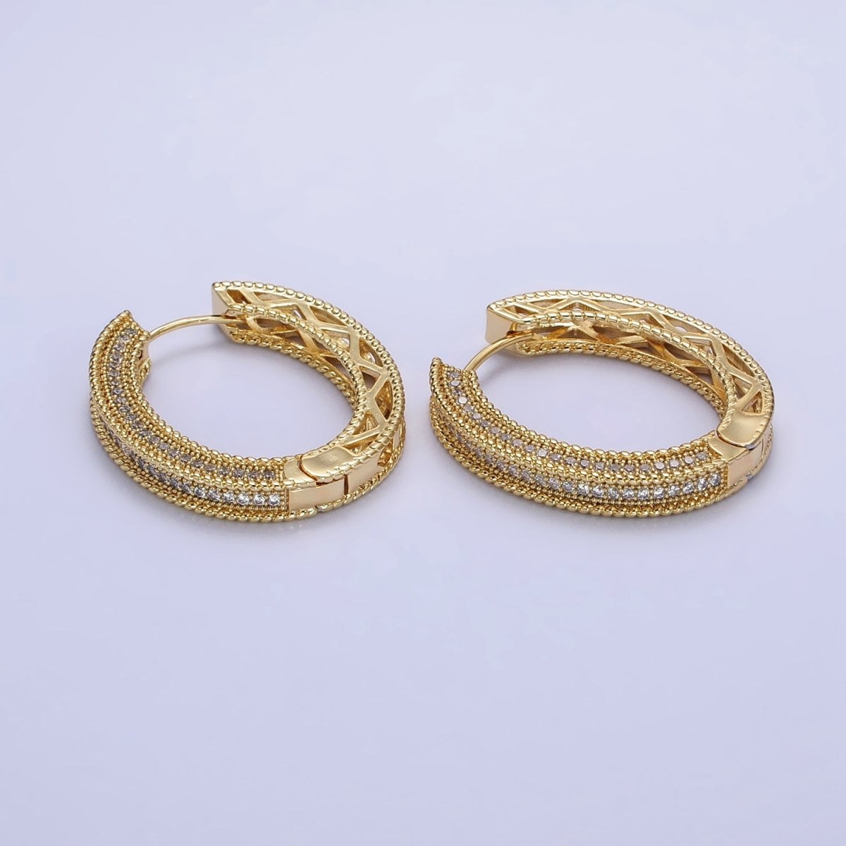 24K Gold Filled Clear Micro Paved CZ Wide Filigree Oval Hoop Earrings | AB272