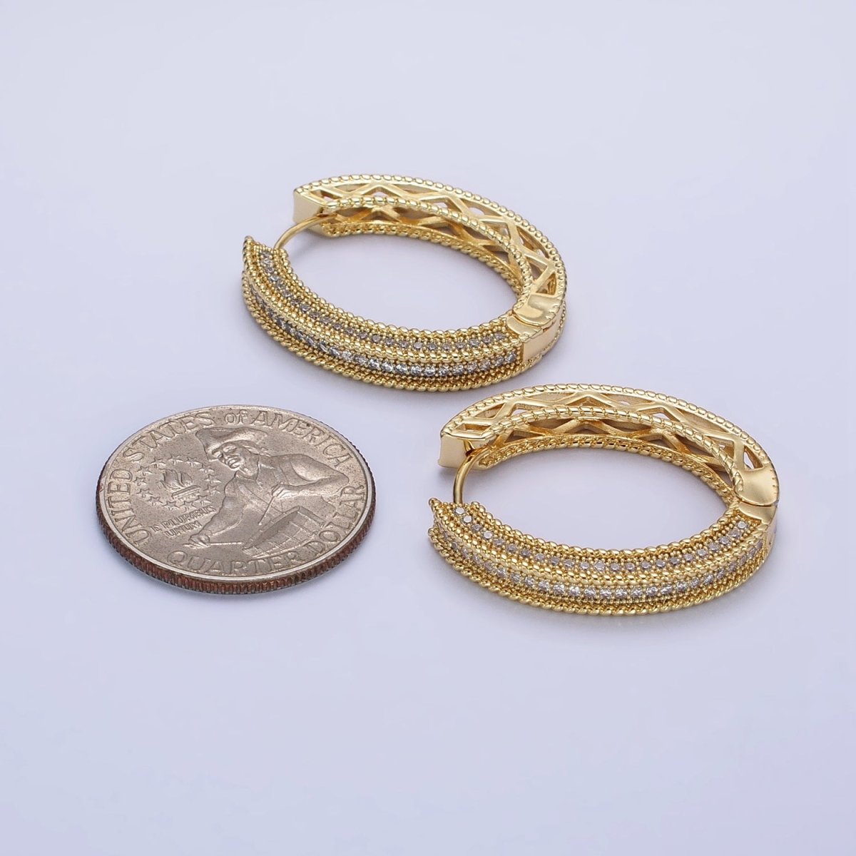 24K Gold Filled Clear Micro Paved CZ Wide Filigree Oval Hoop Earrings | AB272