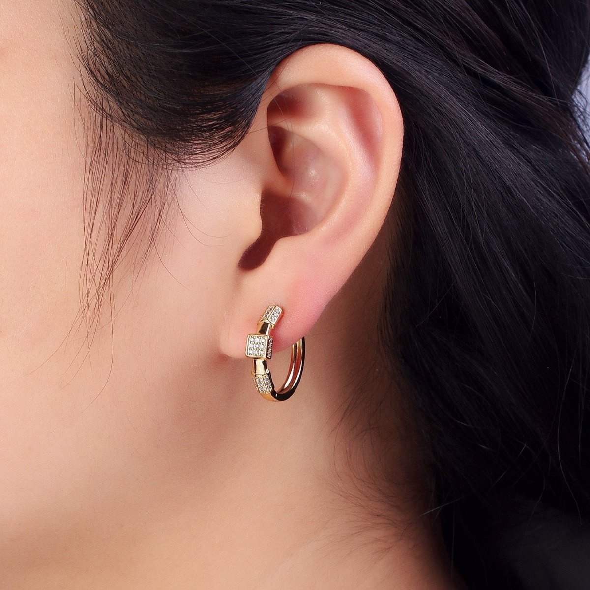 24K Gold Filled Clear Micro Paved Geometric Square Edged Bar 20mm Hoop Earrings | AB311