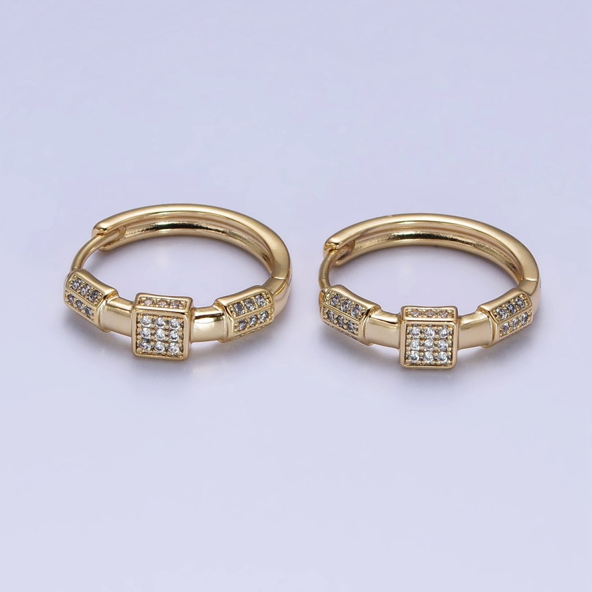 24K Gold Filled Clear Micro Paved Geometric Square Edged Bar 20mm Hoop Earrings | AB311