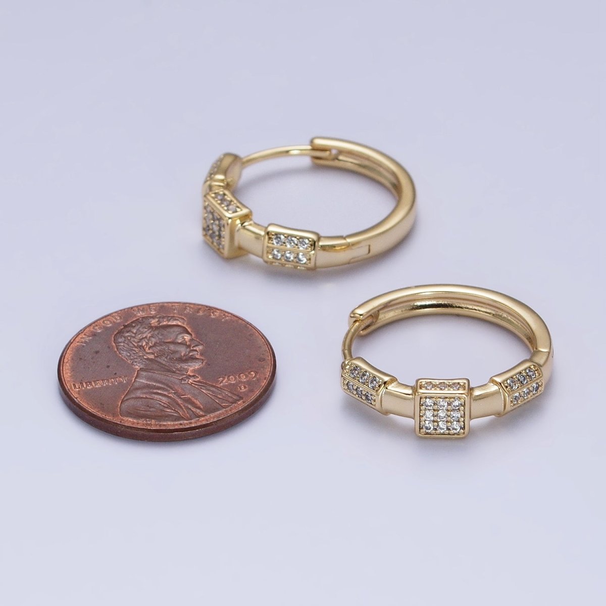 24K Gold Filled Clear Micro Paved Geometric Square Edged Bar 20mm Hoop Earrings | AB311