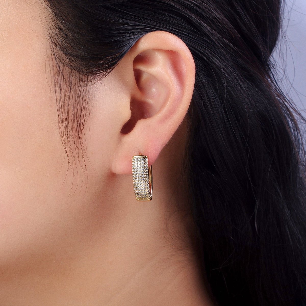 24K Gold Filled Clear Micro Paved Heart Lined English Lock Earrings | AB310