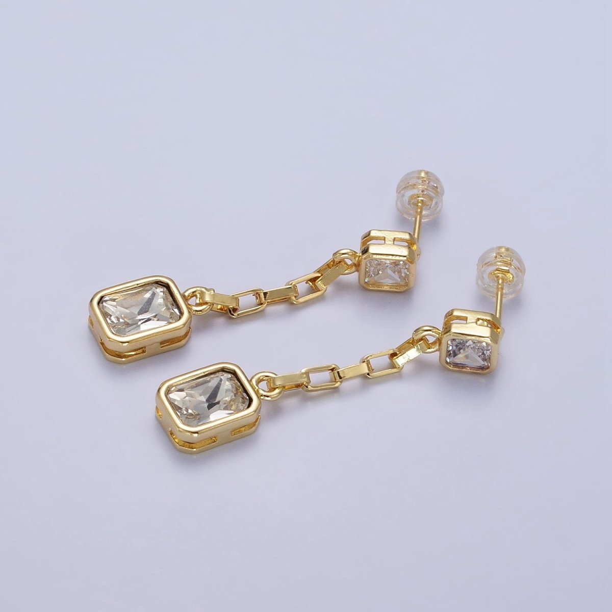 24K Gold Filled Clear, Multicolor Baguette CZ Drop Dangle Stud Earrings in Gold & Silver | AB615 - AB618