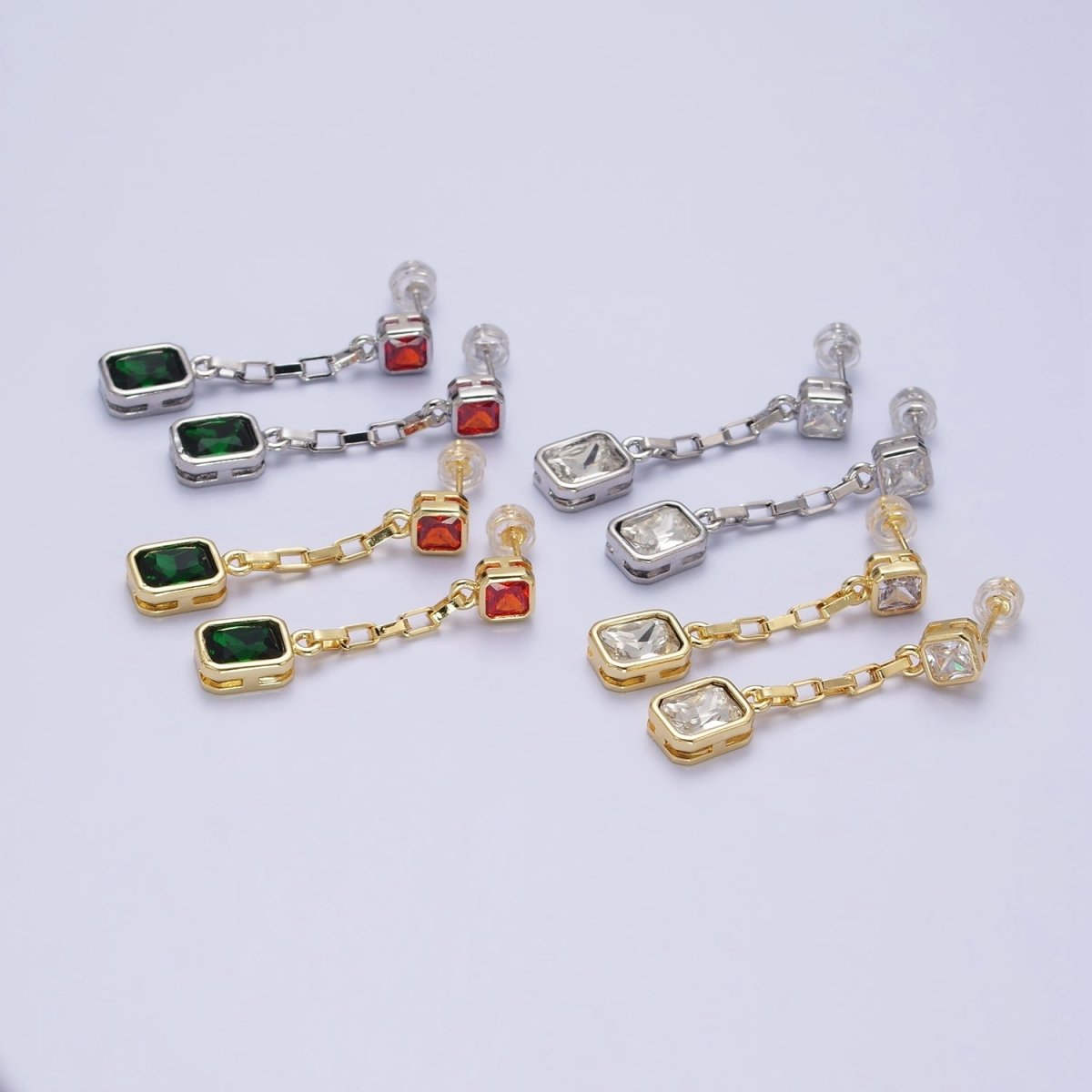 24K Gold Filled Clear, Multicolor Baguette CZ Drop Dangle Stud Earrings in Gold & Silver | AB615 - AB618
