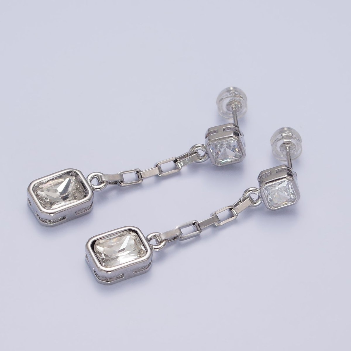 24K Gold Filled Clear, Multicolor Baguette CZ Drop Dangle Stud Earrings in Gold & Silver | AB615 - AB618