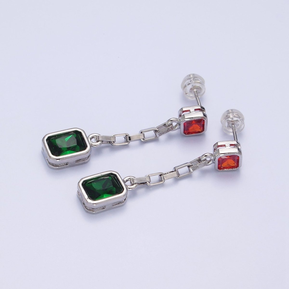 24K Gold Filled Clear, Multicolor Baguette CZ Drop Dangle Stud Earrings in Gold & Silver | AB615 - AB618