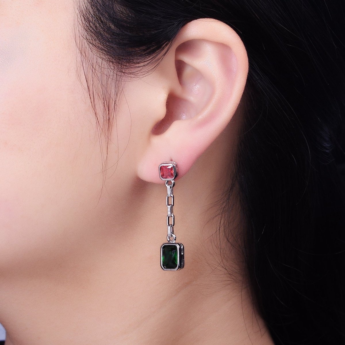 24K Gold Filled Clear, Multicolor Baguette CZ Drop Dangle Stud Earrings in Gold & Silver | AB615 - AB618