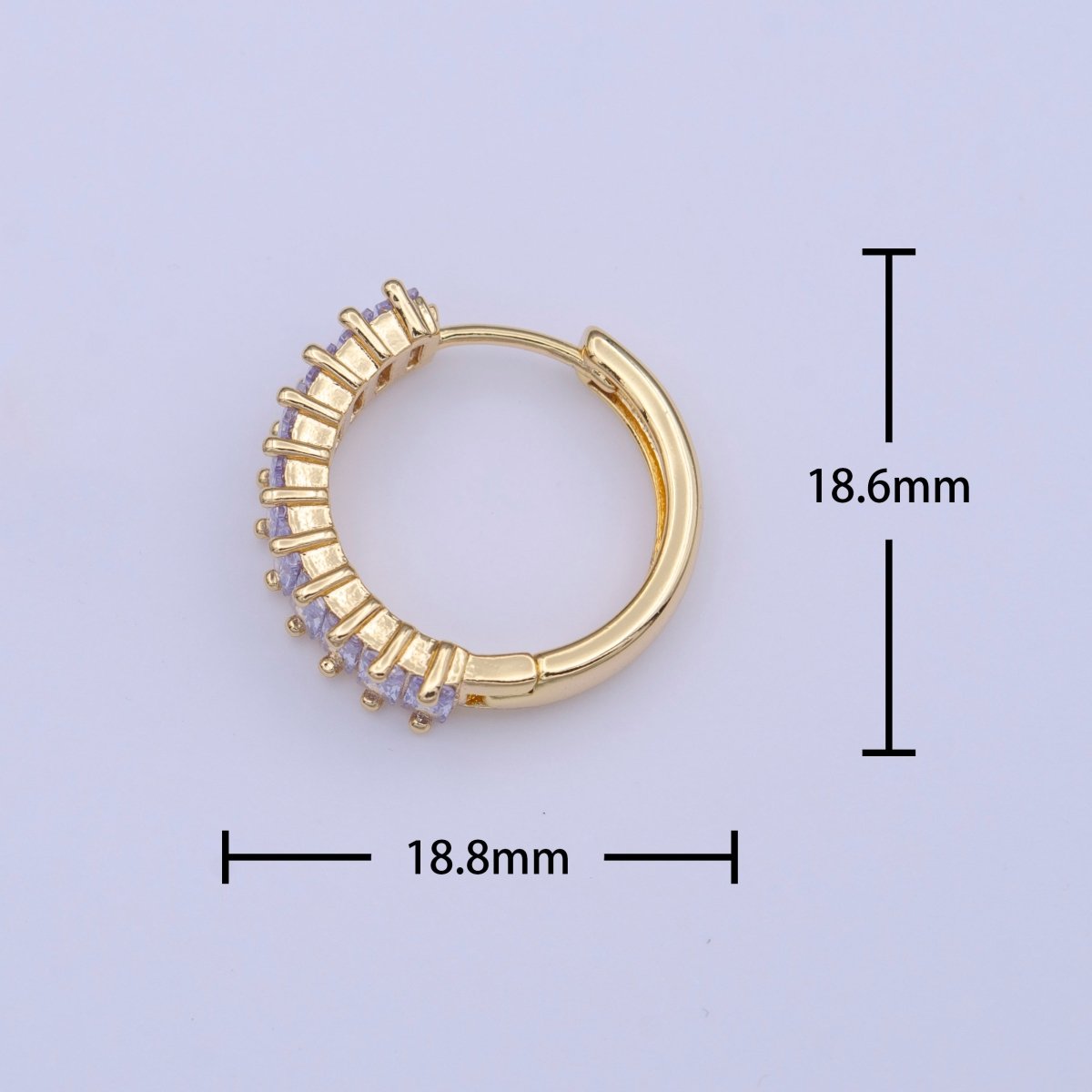 24K Gold Filled Clear Purple Baguette Lined 18.5mm Huggie Hoop Earrings | AD-216