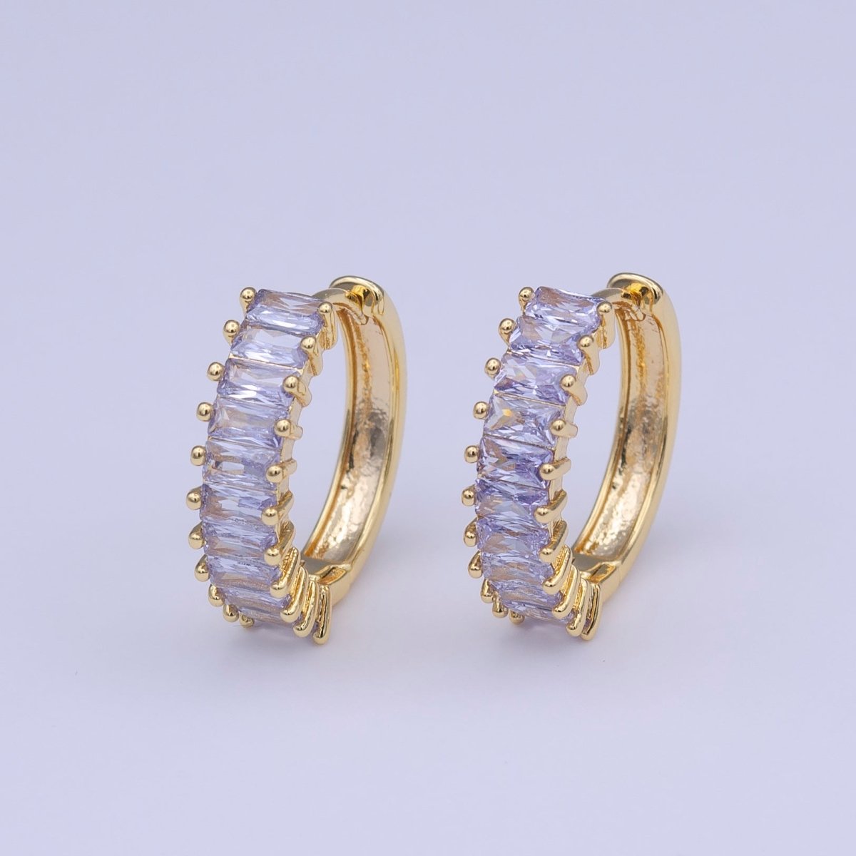 24K Gold Filled Clear Purple Baguette Lined 18.5mm Huggie Hoop Earrings | AD-216