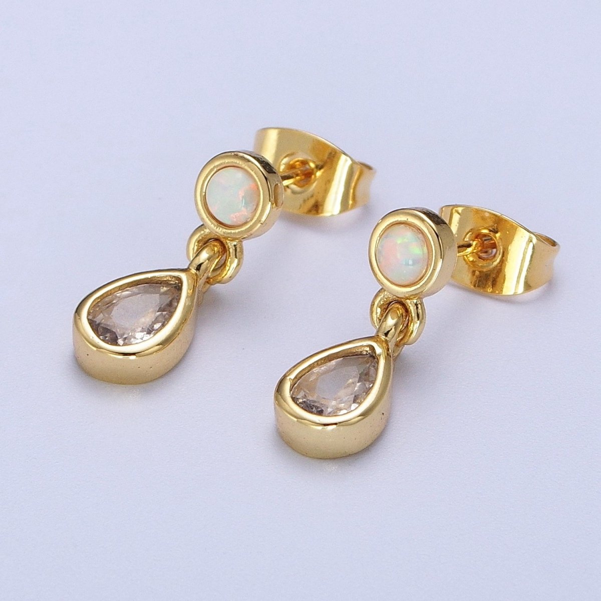24K Gold Filled Clear Teardrop Drop Dangle Round White Opal Stud Earrings | AD-204