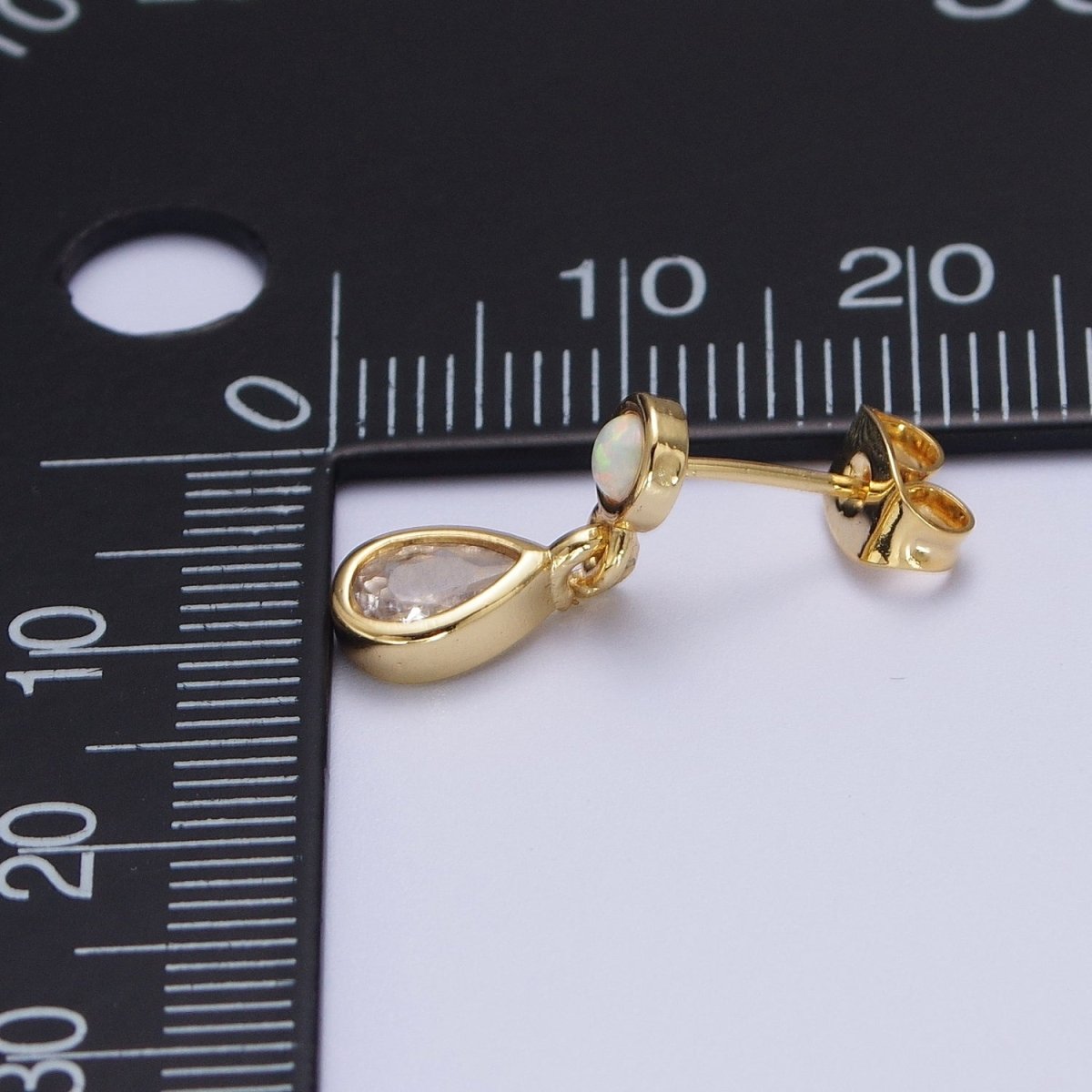 24K Gold Filled Clear Teardrop Drop Dangle Round White Opal Stud Earrings | AD-204