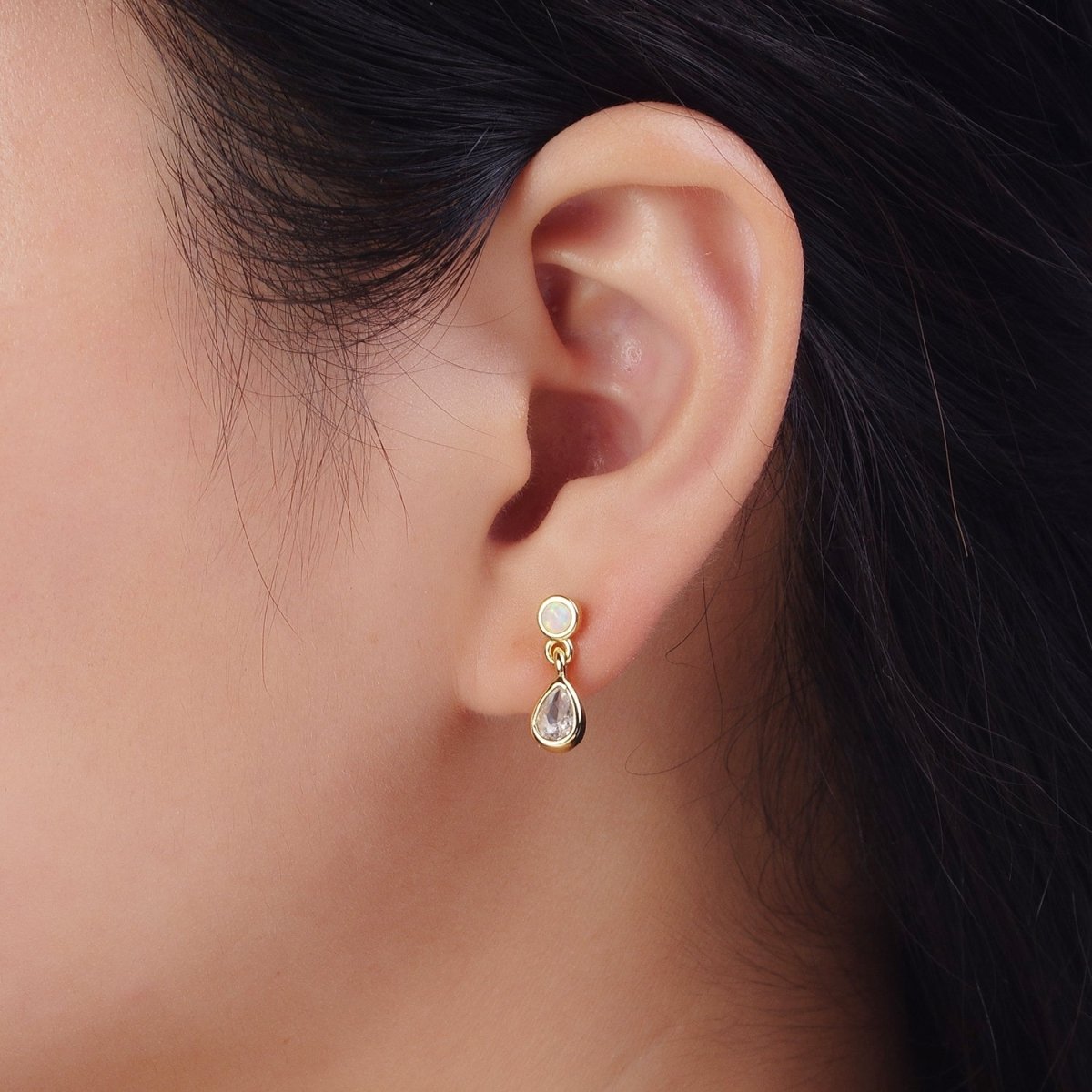 24K Gold Filled Clear Teardrop Drop Dangle Round White Opal Stud Earrings | AD-204