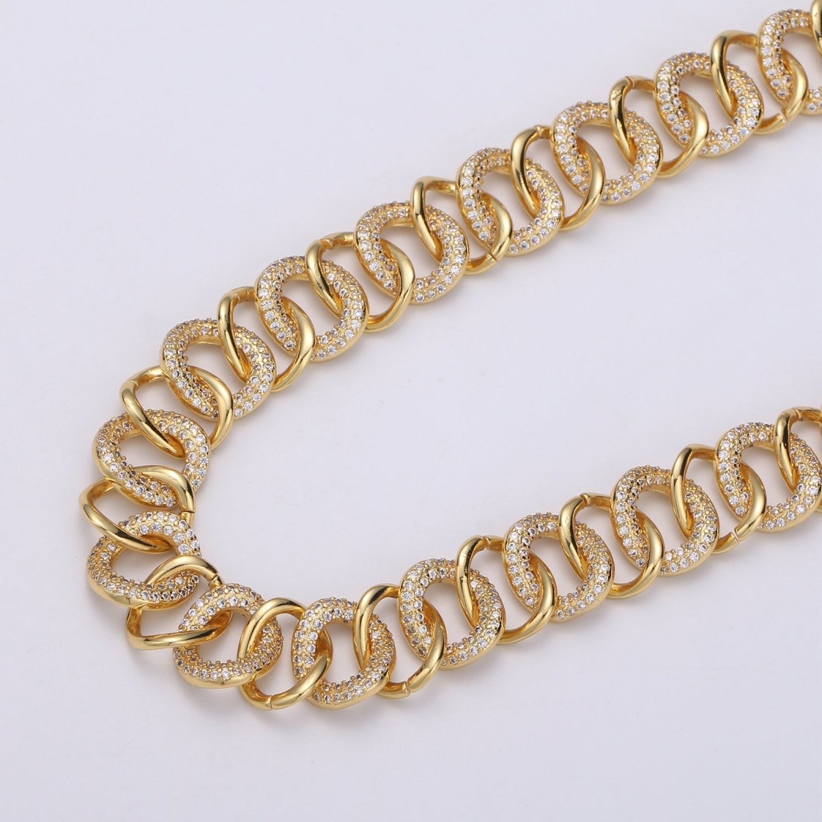 24K Gold Filled Cluster CZ CURB Rolo Chain by Yard, Sand Cubic Curb Chain, Fancy Roll Chain with Cubic Zirconia For Jewelry Making | ROLL-318 Clearance Pricing