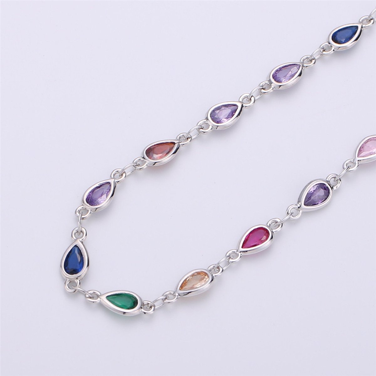 24K Gold Filled Colorful Cubic Zircon Chains, Tear Drop Bezel Chains Silver 1 Yard 6x4mm CZ Connectors Links for Rosary Necklace Supply, White Gold Filled, DESIGNED Chain | ROLL-115 ROLL-116 Clearance Pricing