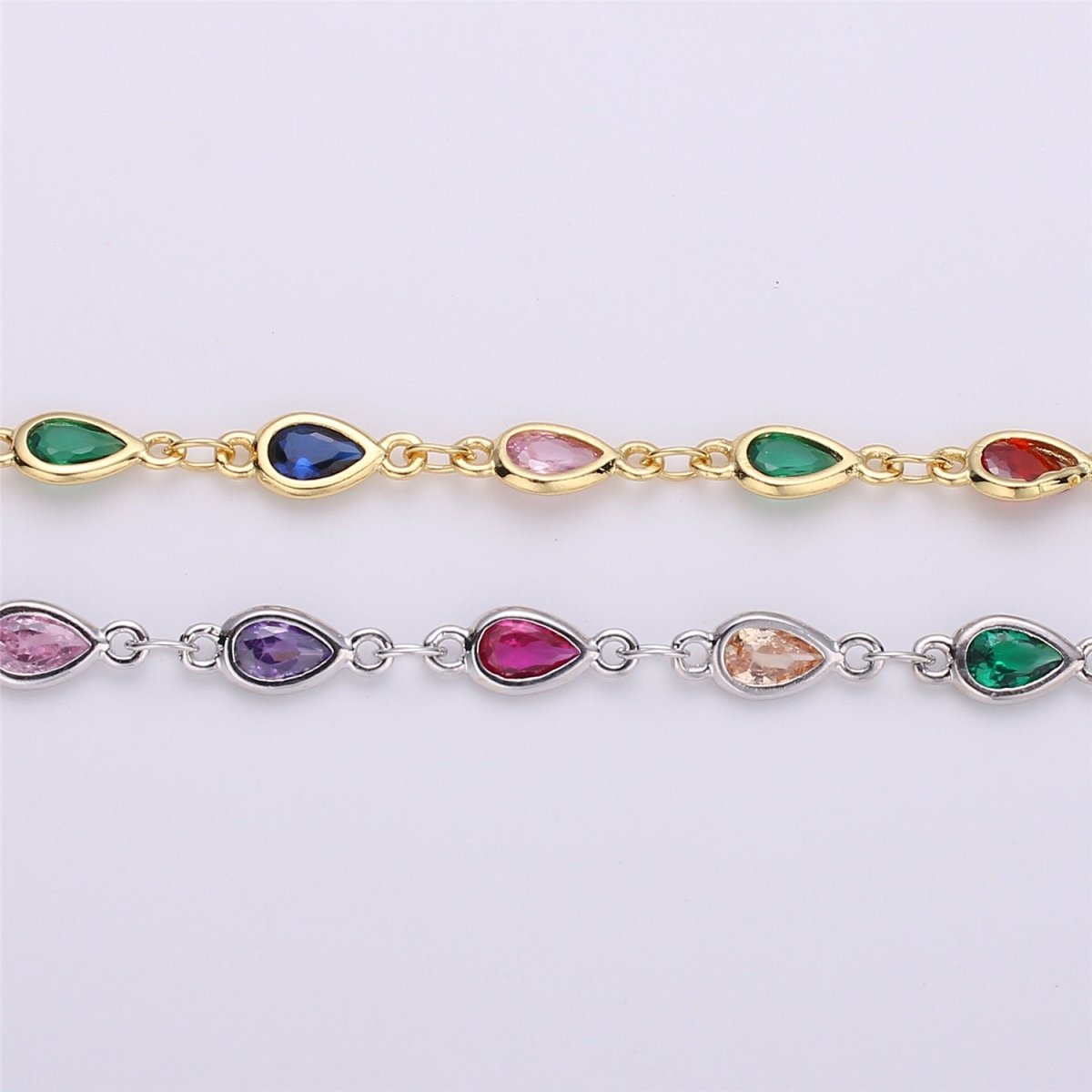 24K Gold Filled Colorful Cubic Zircon Chains, Tear Drop Bezel Chains Silver 1 Yard 6x4mm CZ Connectors Links for Rosary Necklace Supply, White Gold Filled, DESIGNED Chain | ROLL-115 ROLL-116 Clearance Pricing