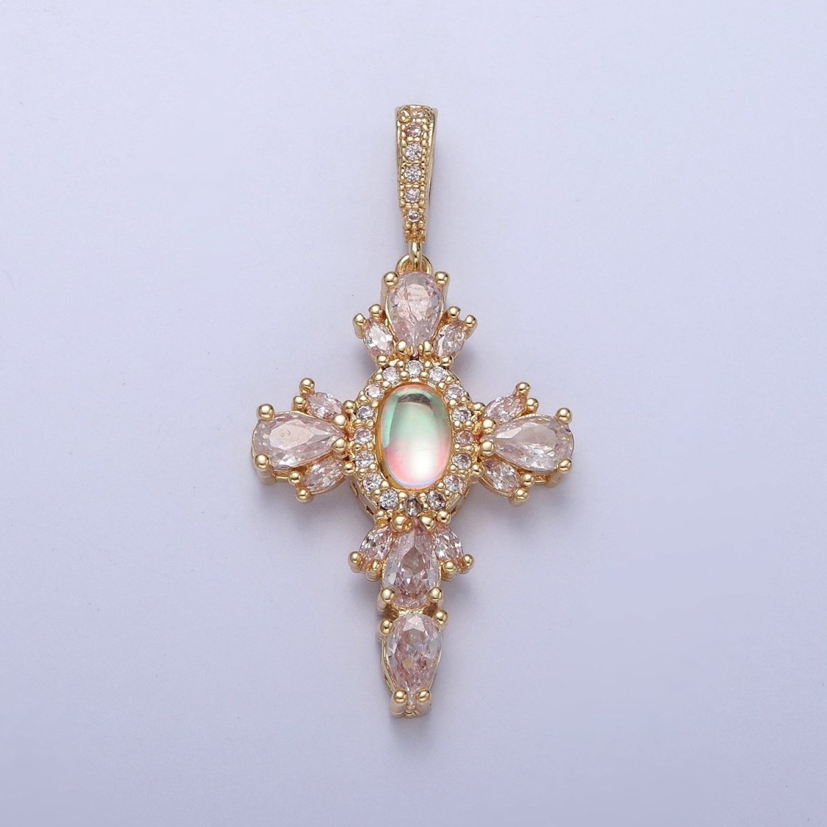 24K Gold Filled Cross Pendant Charm, Micro Pave Clear CZ Cubic Zirconia & Moonstone Religious Jewelry I-351