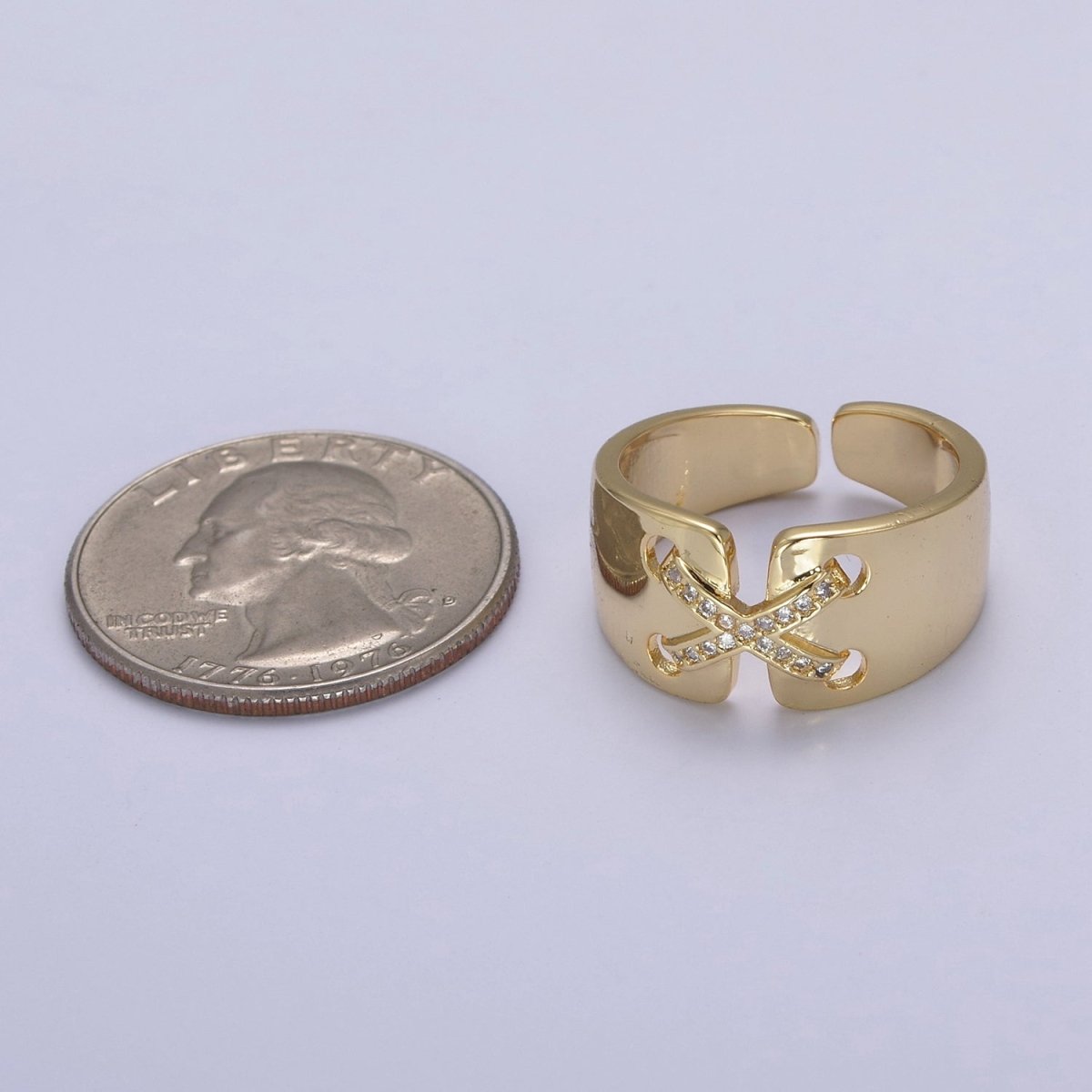 24K Gold Filled Cross X Ribbon Tied Ring, Thick Statement Gold & Silver Open Adjustable Ring U-533 U-534