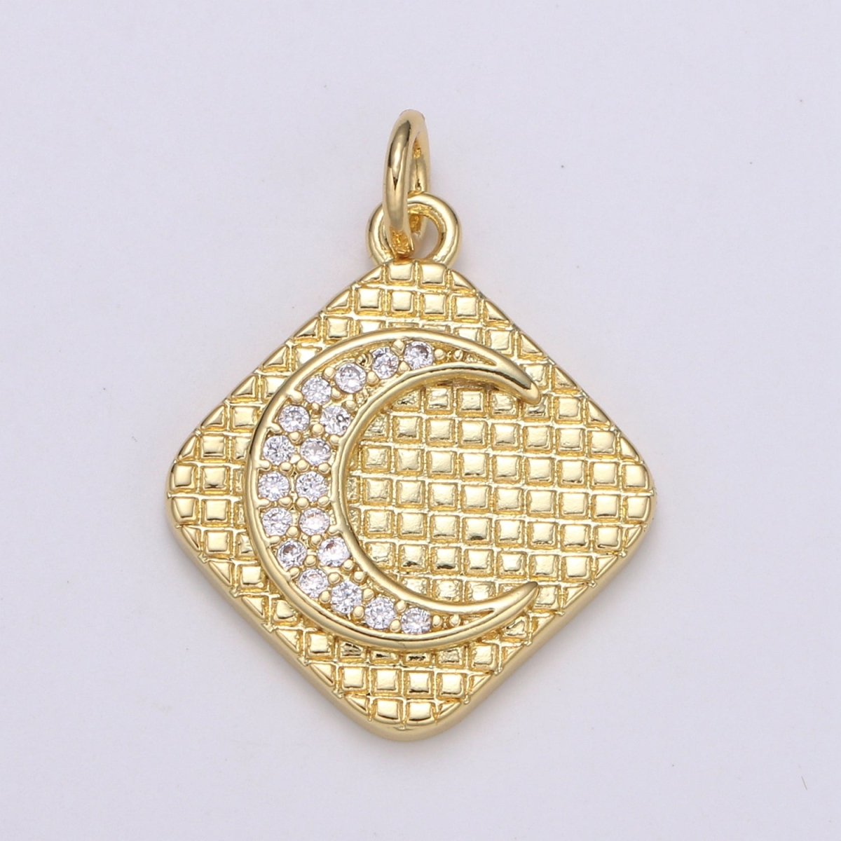 24K Gold Micro Pave Crescent Moon Charm Cubic Zirconia C initial Pendant Charm Square Plate CZ simple Charm E-147