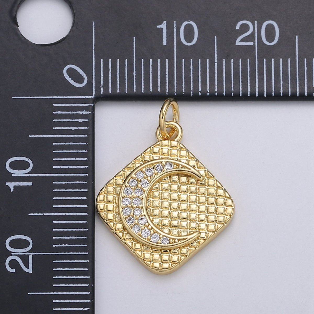 24K Gold Micro Pave Crescent Moon Charm Cubic Zirconia C initial Pendant Charm Square Plate CZ simple Charm E-147