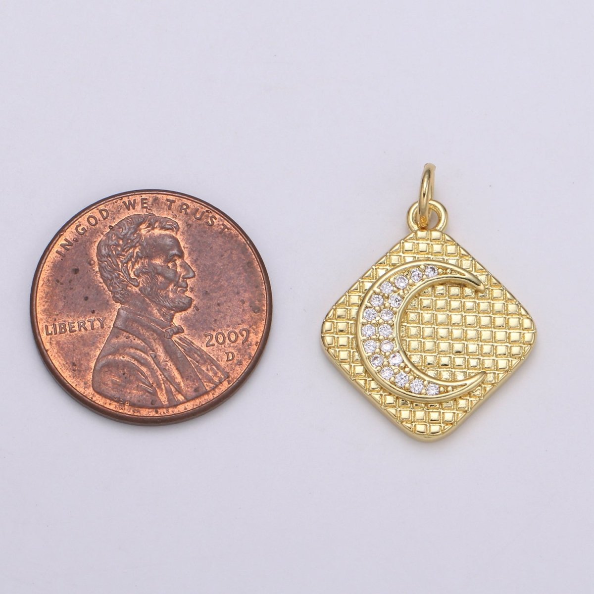 24K Gold Micro Pave Crescent Moon Charm Cubic Zirconia C initial Pendant Charm Square Plate CZ simple Charm E-147