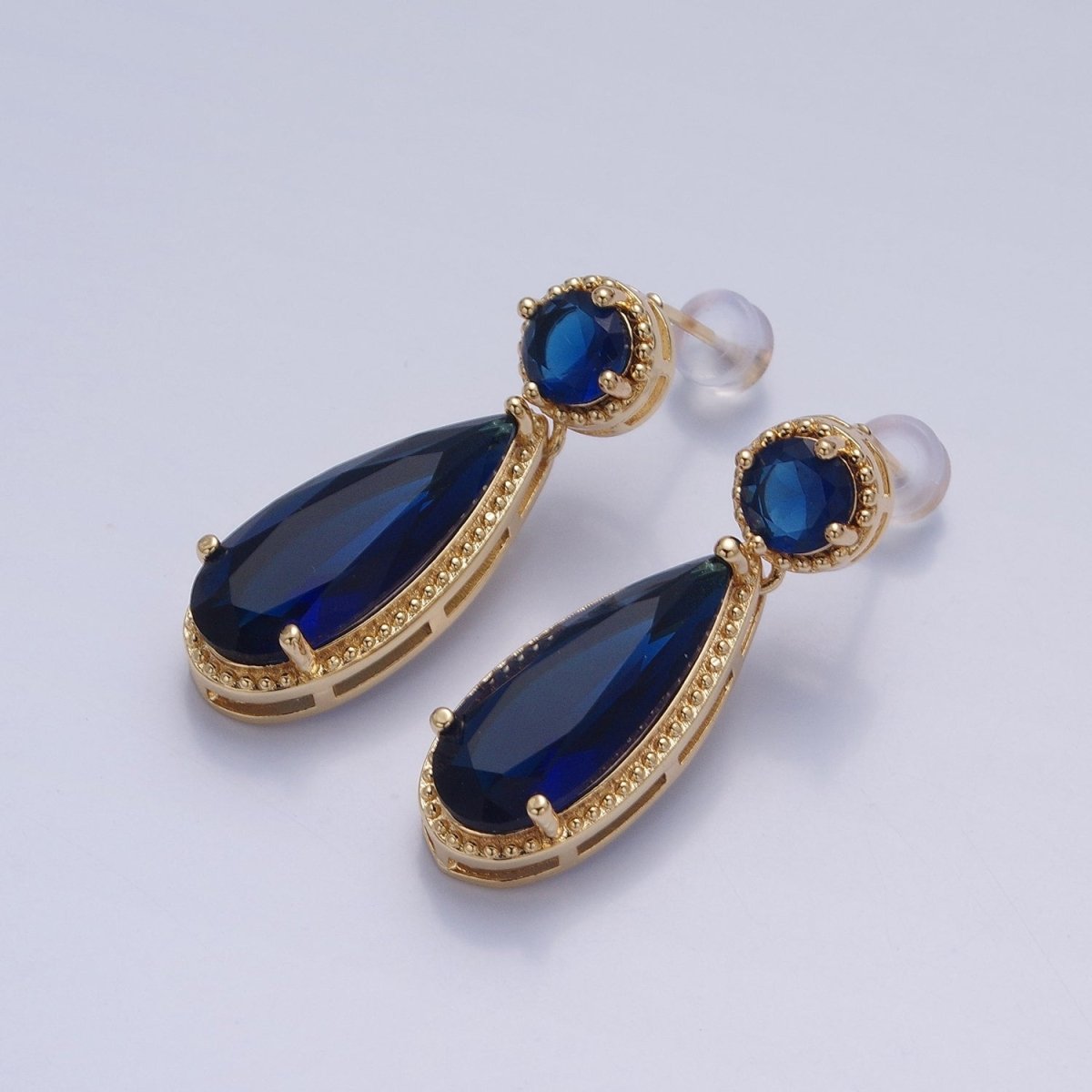 24K Gold Filled Cubic Zirconia Teardrop Stud Earrings with Round CZ Post V-401