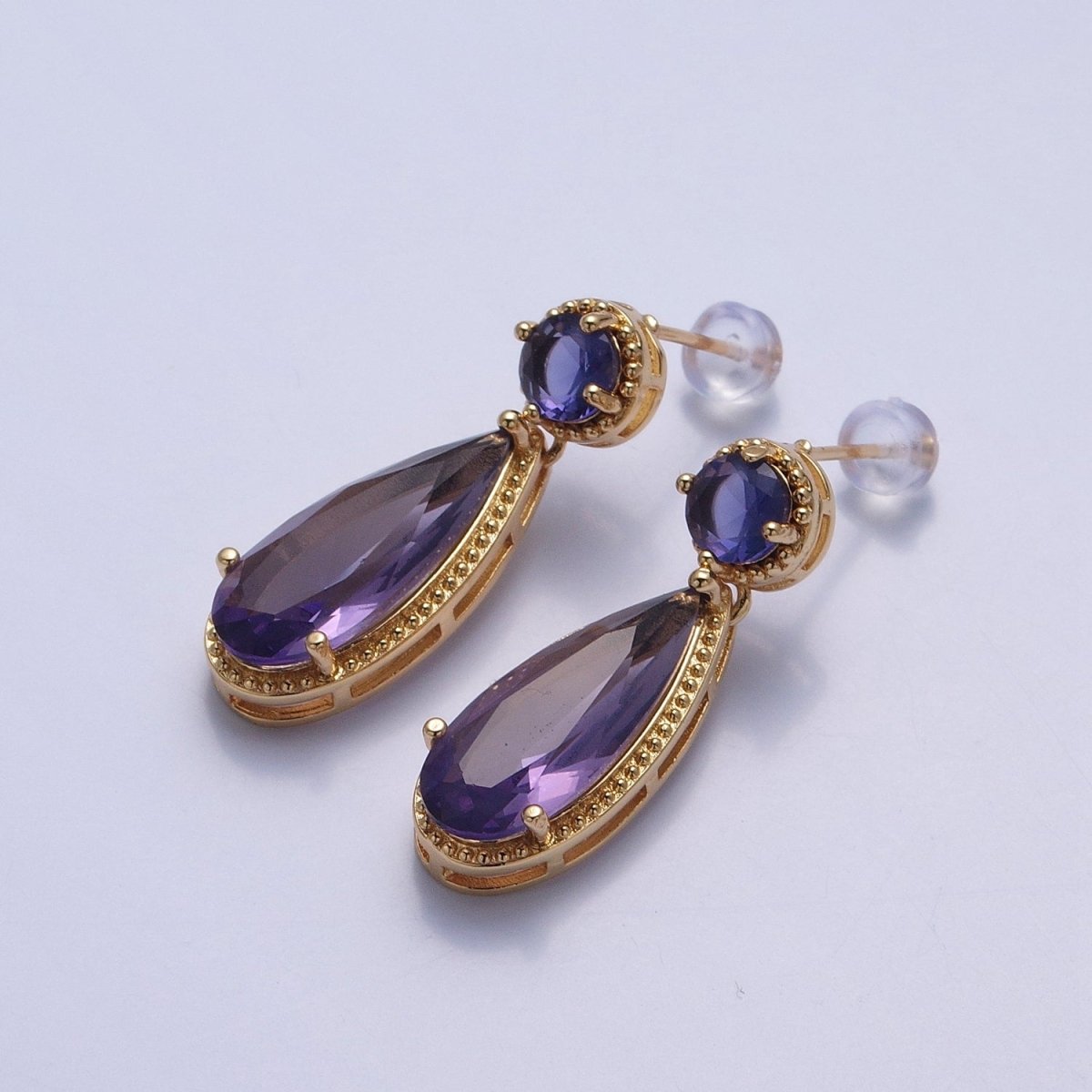 24K Gold Filled Cubic Zirconia Teardrop Stud Earrings with Round CZ Post V-401