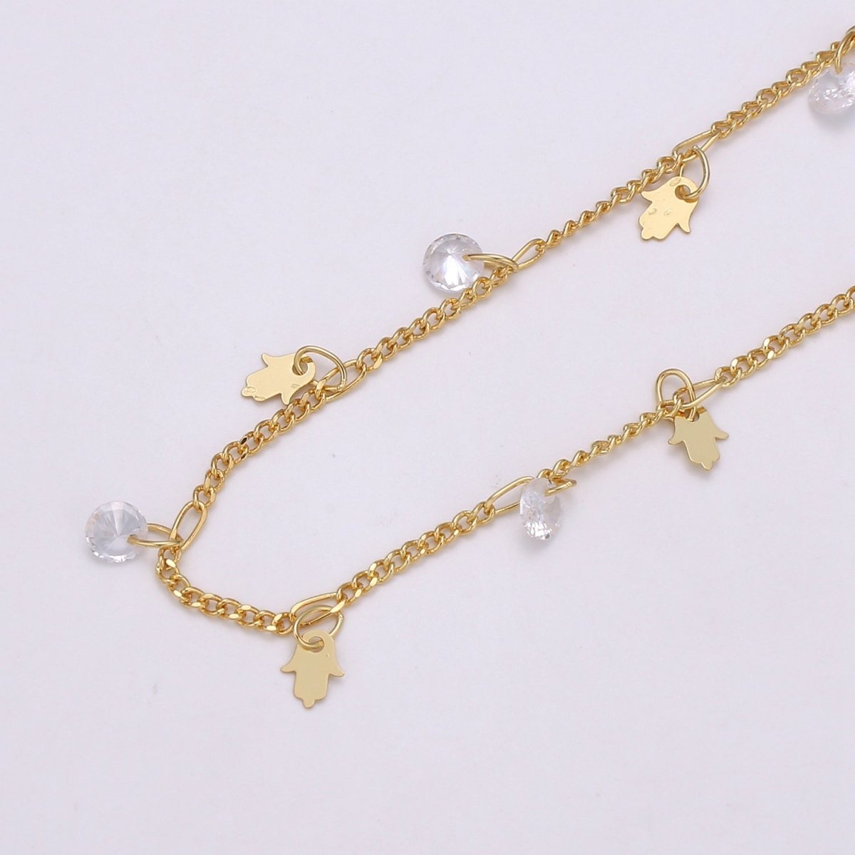 24K Gold Filled Curb Chain By Yard, Hamesh CZ Hamsa Hand Charm Linked Chain, CURB DESIGNED Unfinished Chain For Necklace Bracelet Anklet Component Supply | ROLL-363 Clearance Pricing