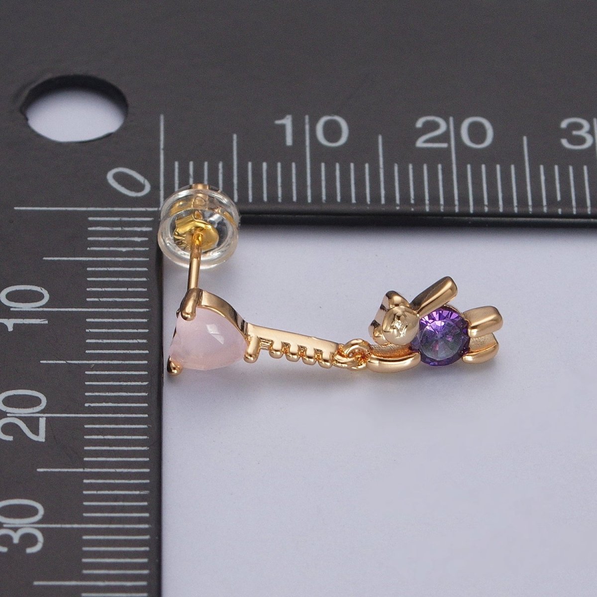 24K Gold Filled Cute CZ Pink Heart Studs with Tiny Bear Purple Cubic Zirconia Charm Dangle Earrings, P-323