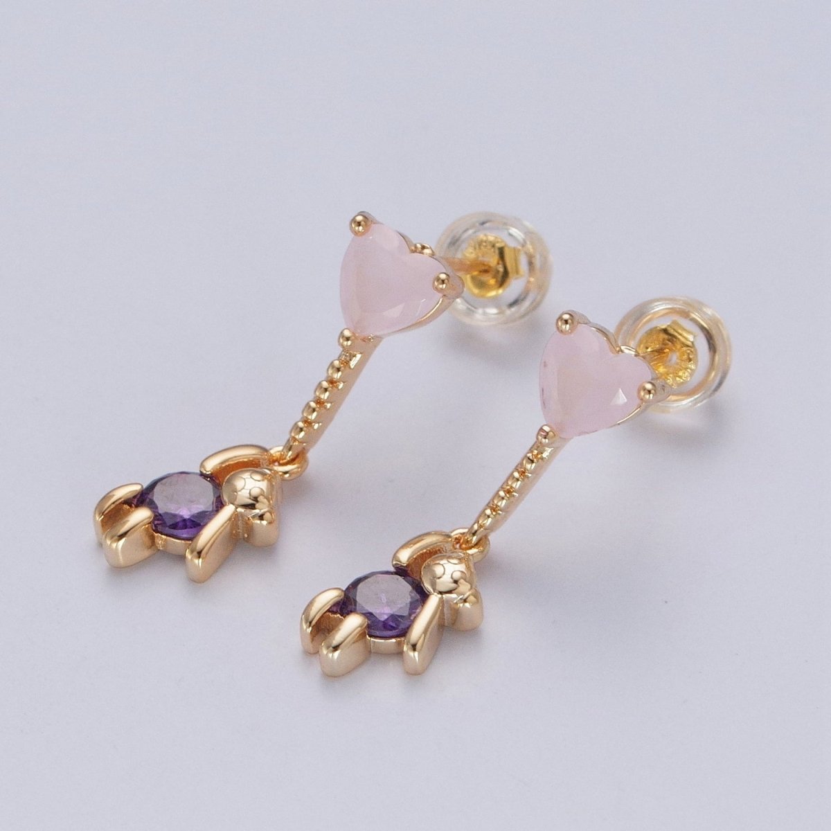 24K Gold Filled Cute CZ Pink Heart Studs with Tiny Bear Purple Cubic Zirconia Charm Dangle Earrings, P-323