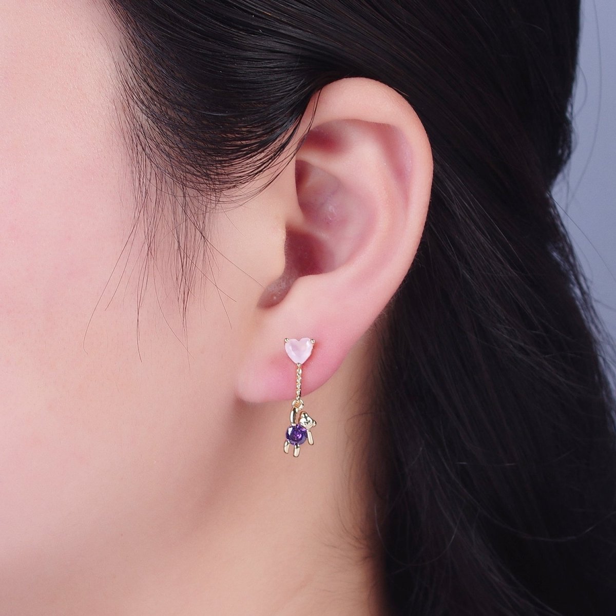 24K Gold Filled Cute CZ Pink Heart Studs with Tiny Bear Purple Cubic Zirconia Charm Dangle Earrings, P-323