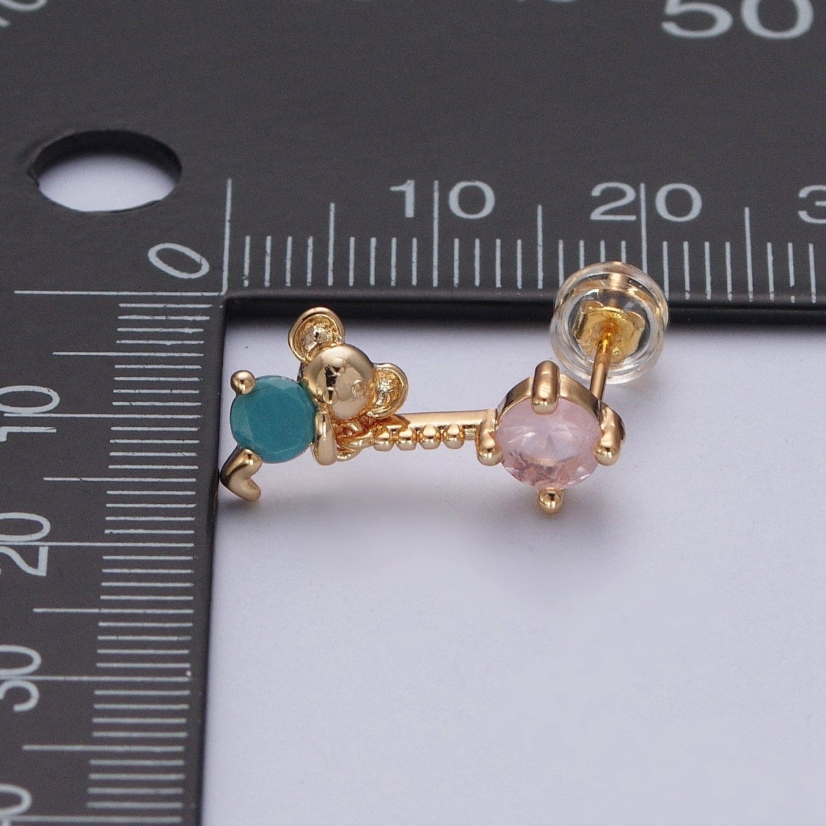 24K Gold Filled Cute CZ Pink Round Studs with Tiny Mouse Blue Cubic Zirconia Charm Dangle P-324