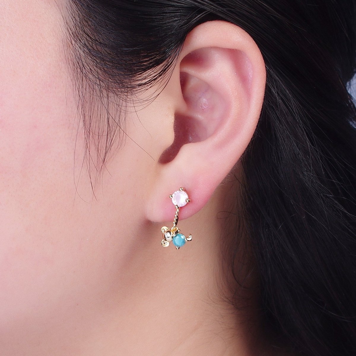 24K Gold Filled Cute CZ Pink Round Studs with Tiny Mouse Blue Cubic Zirconia Charm Dangle P-324