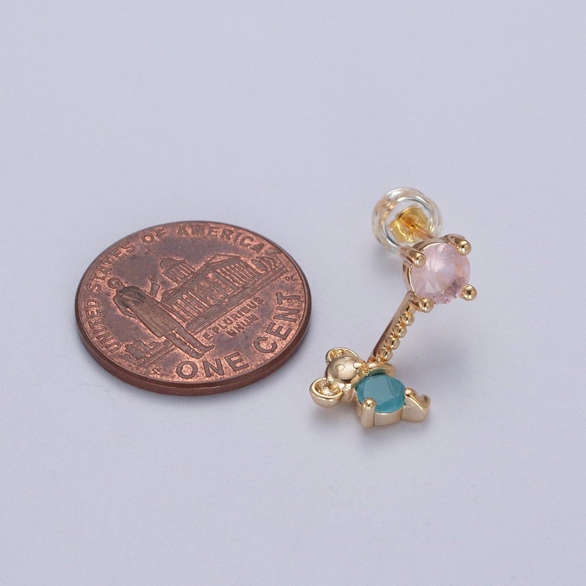 24K Gold Filled Cute CZ Pink Round Studs with Tiny Mouse Blue Cubic Zirconia Charm Dangle P-324