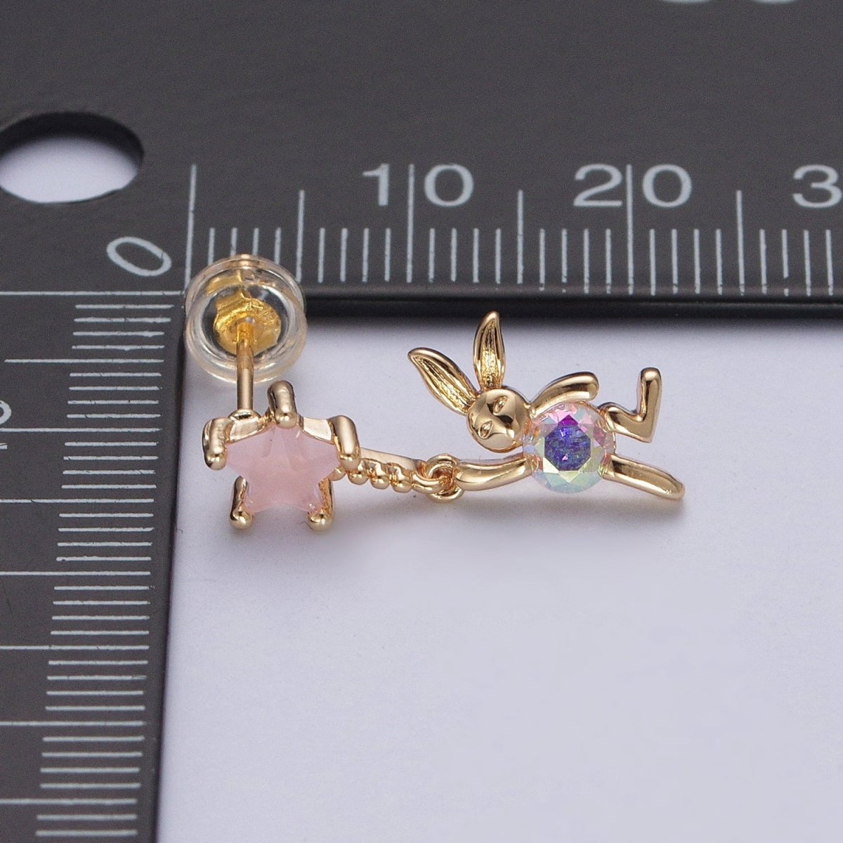 24K Gold Filled Cute CZ Pink Star Studs with Tiny Rabbit Charm Clear Cubic Zirconia Dangle Earrings, P-322