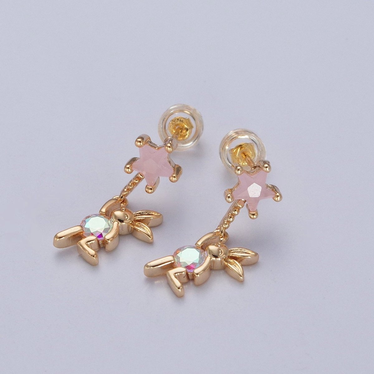24K Gold Filled Cute CZ Pink Star Studs with Tiny Rabbit Charm Clear Cubic Zirconia Dangle Earrings, P-322